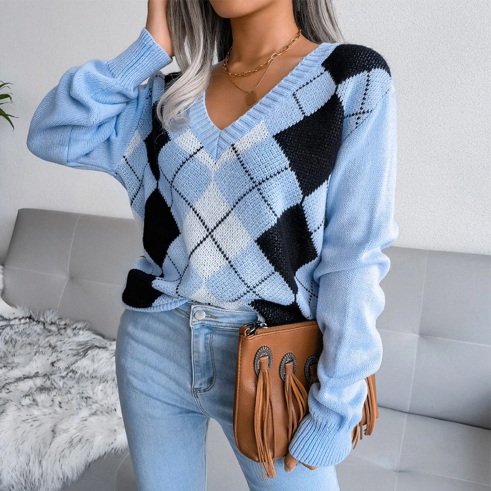

Women V Neck Long Sleeve Sweater Top Argyle Print College Style Comfortable For Autumn/Winter Knitted Sweaters Comfy Fashion