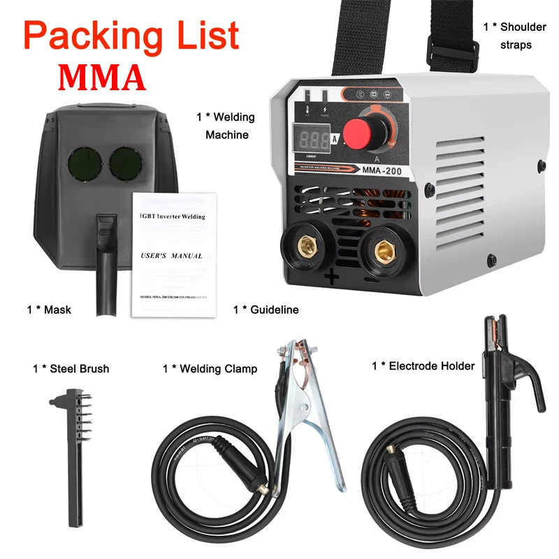 MMA-200 Elektroschweißgerät Inverter MMA Arc Mini-Schweißgerät Strom einstellbare Schweißmaschine mit Elektrodenhaltermaske – Detail 7