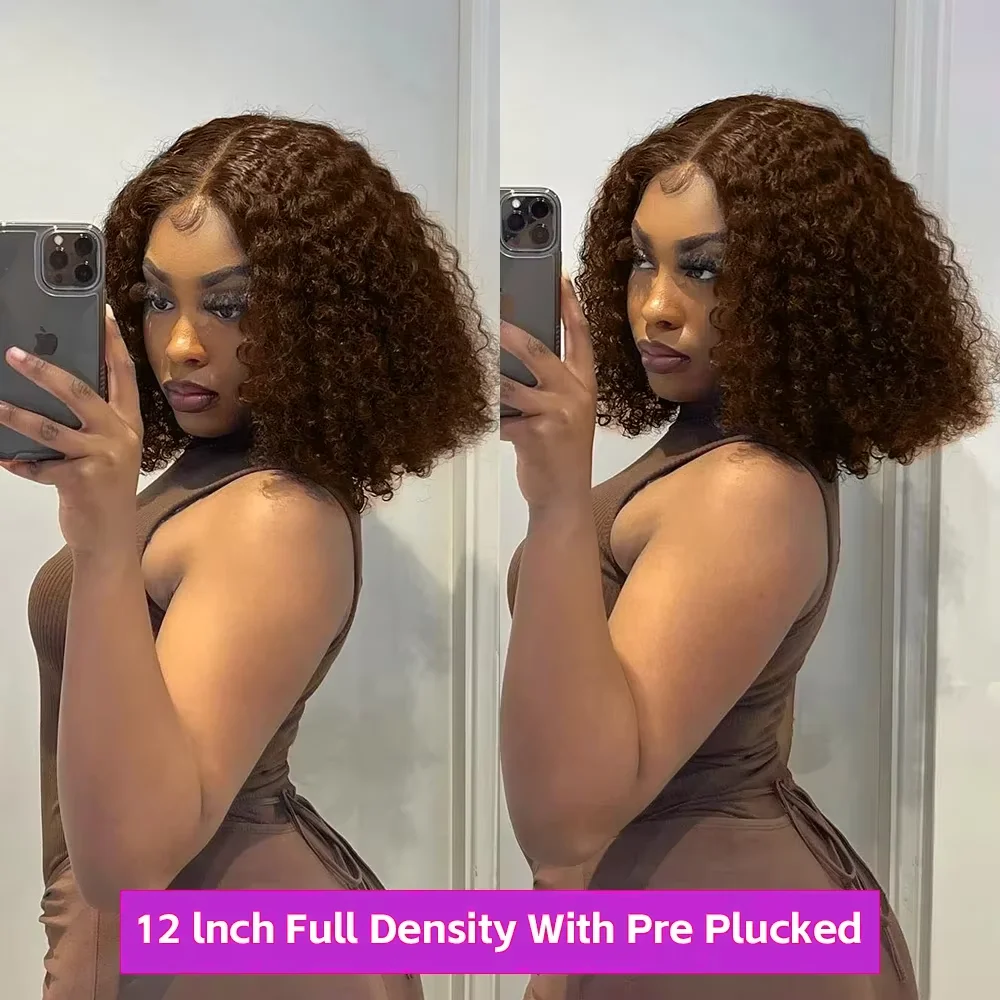 Short Bob Curly Wig Human Hair 13x4 4x4 Deep Wave Lace Front Wigs Human Hair Chocolate Brown 200 Density Lace Front Wigs 16 Inch
