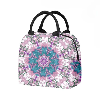 Arte Boho ​ Borsa per il pranzo isolata con mandala tribale Tasca laterale Impermeabile riutilizzabile per ufficio Design facile da pulire per picnic scolastici di lavoro