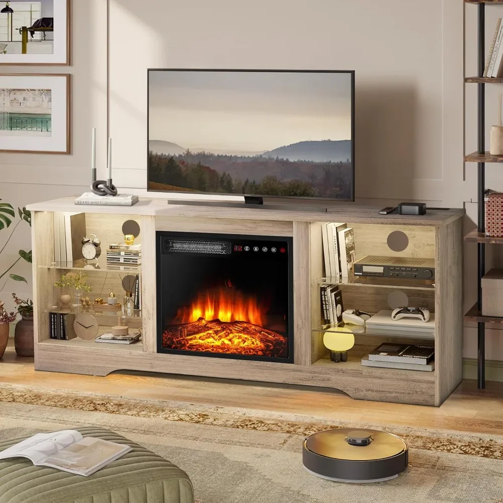 58 Inches Fireplace TV Stand for TVs up to 65 Inches Console with 18'' Electric Fireplace & Remote, Wooden Modern Entertainment 2