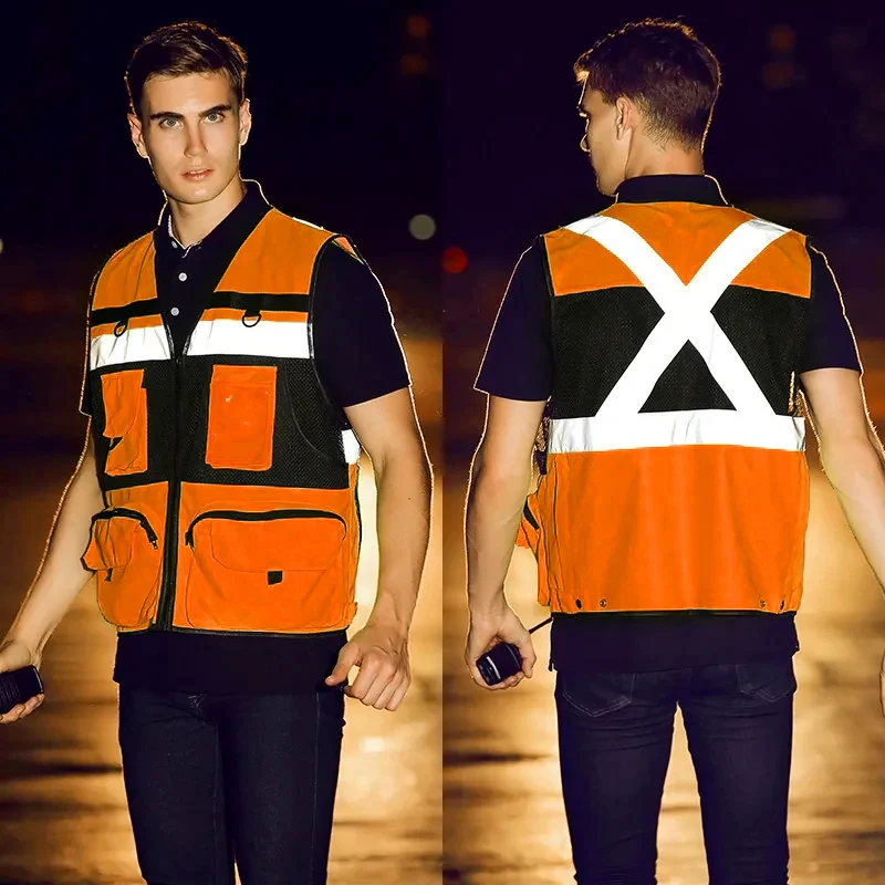High Visibility Reflective Safety Vest Zippered Work Clothes Fishing Net Multi-Pocket Traffic Construction Night Safety Clothing