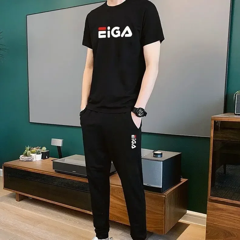 thumbnail image 1 of Conjuntos de ropa para hombre, pantalones de jogging, camiseta 5xl, chándal de gimnasio para hombre, parte superior lisa, trajes deportivos negros, algodón, estilo coreano básico, XL, 1 of 5