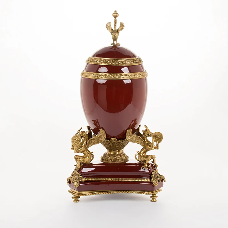 

Luxury decorative ceramic vase ball shape with dragon ceramic figurine brass stand ceramic vases for home decor