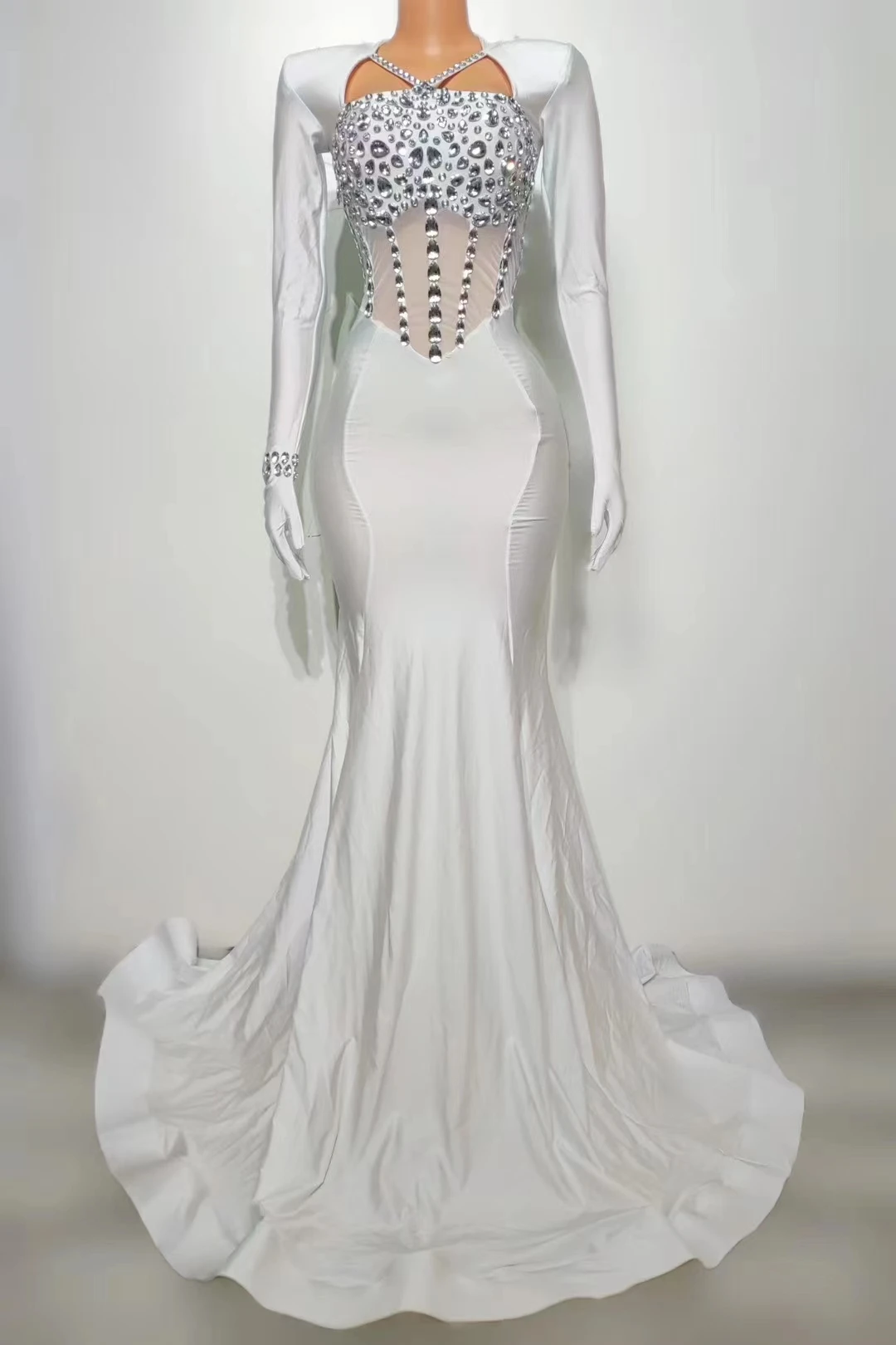 

7 Colors Wedding Celebrate Party DressesWomen Colorful Rhinestones Tail Dress StageCatwalk Costume Evening Prom Outfit A510