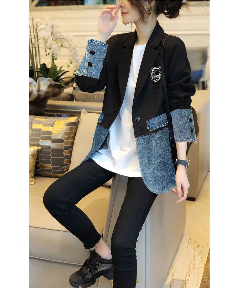 CJFHJE Small Suit Jacket Female Spring Autumn Design Sense Niche New Korean Fashion Denim Irregular Stitching Top Jacket Women