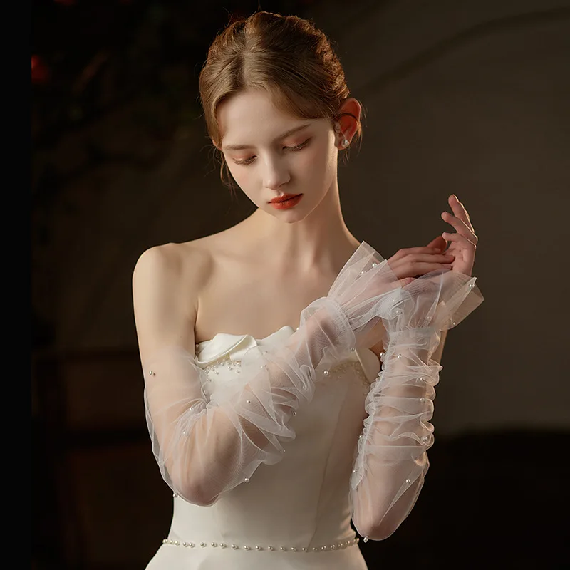 

Long Slim Fingerless Ivory Bridal Gloves Versatile Mesh Pearls Beaded Wedding Sleeves Accessories