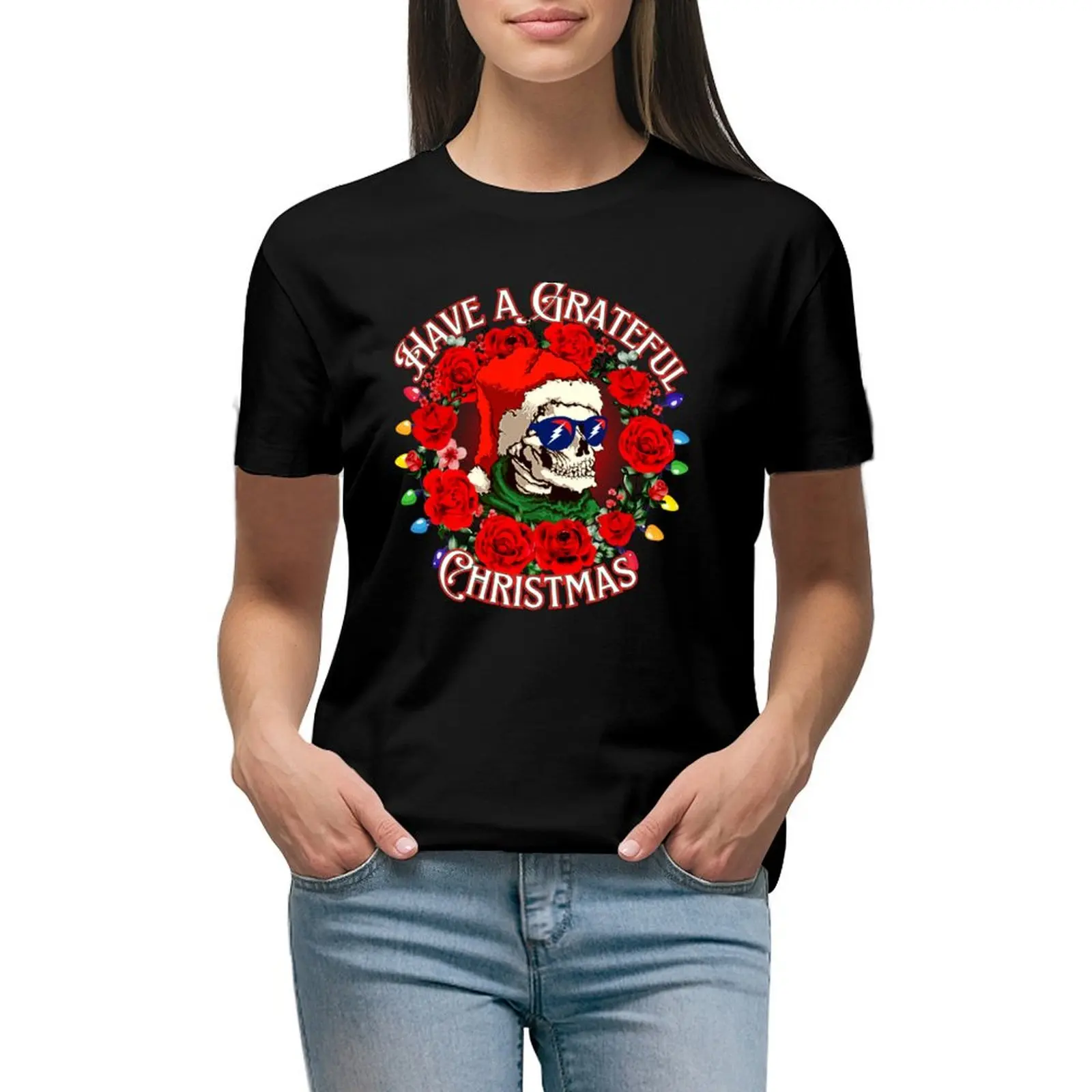 

Grateful Chrtistmas Roses & Skeleton T-shirt shirts graphic tees summer clothes female tshirts woman