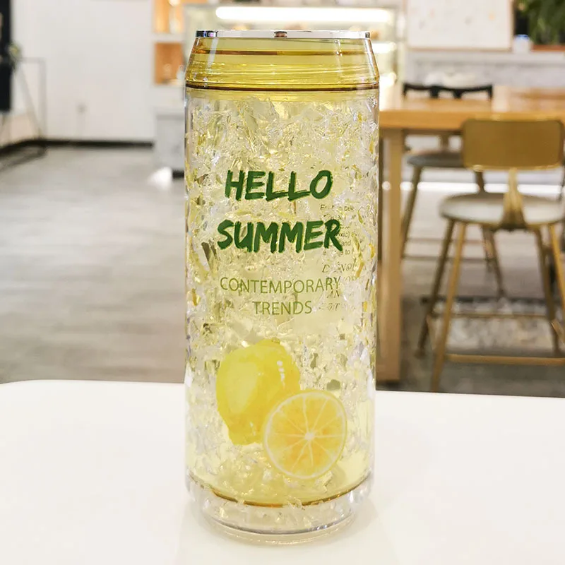 Crack Style Refrigerator Ice Cup Cans Plastic Reusable Cup Double-Layer Plastic Water Bottle With Straw