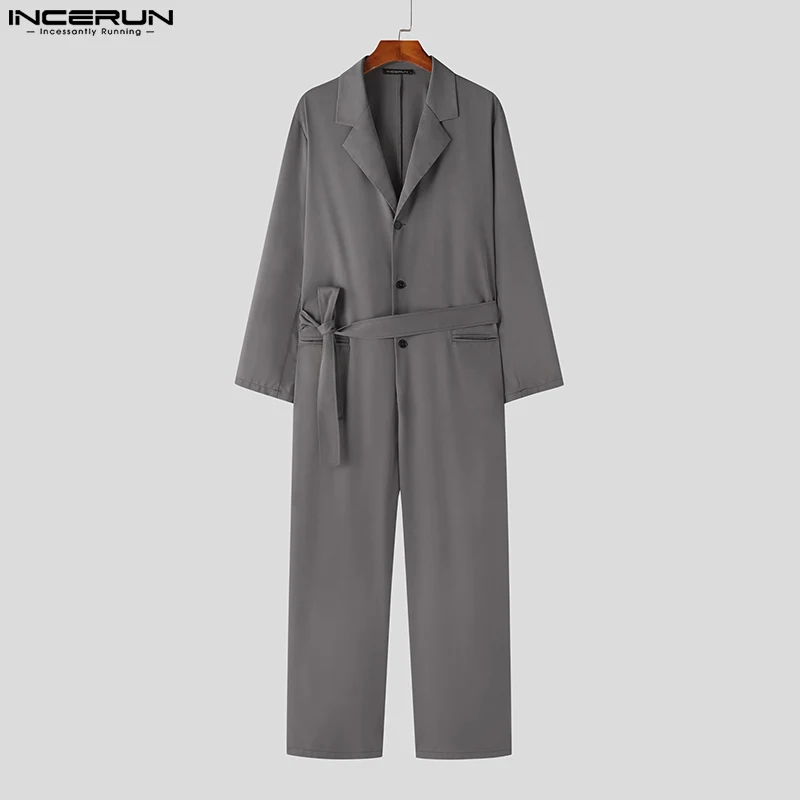 Men Jumpsuits Solid Color Lapel Long Sleeve Streetwear Korean Style Rompers Loose Casual Overalls S-5XL