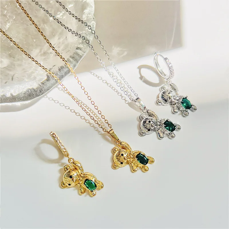HECHENG,Teddy Bear Necklace Earrings Sets Green cz Bijoux Femme Zircon Luxury Designer Jewelry Gifts For Women