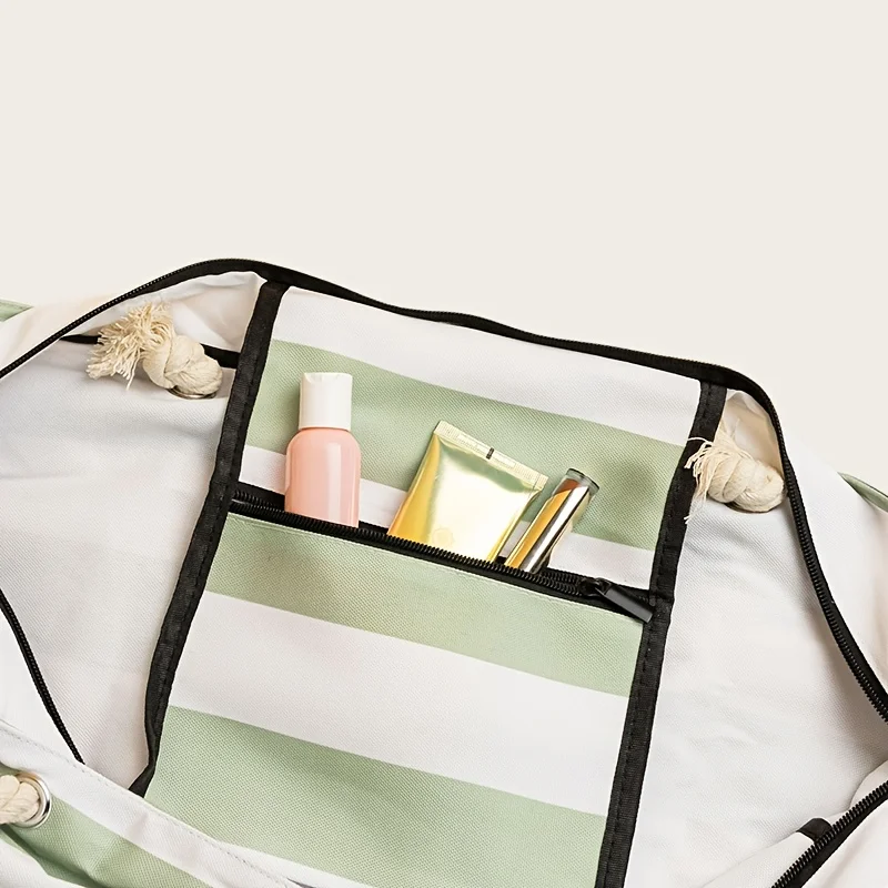 Chic Striped Waterproof Beach Tote with Foldable Design and Ample Storage