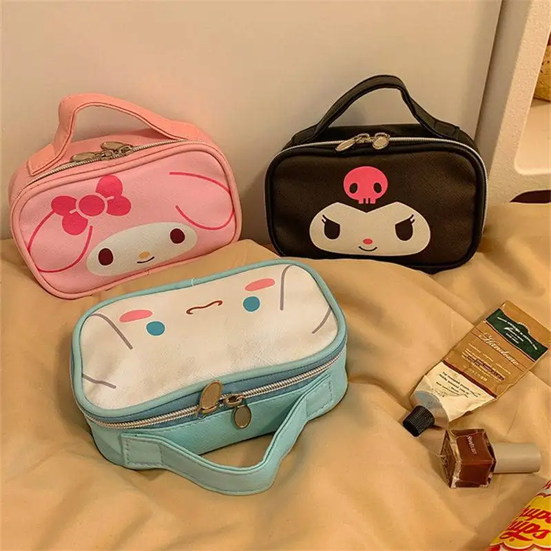

Sanrio Kawaii Portable Cosmetic Bag Cinnamoroll Kuromi Melody Large-Capacity Wash Stationery PU Material Storage Bag for Women