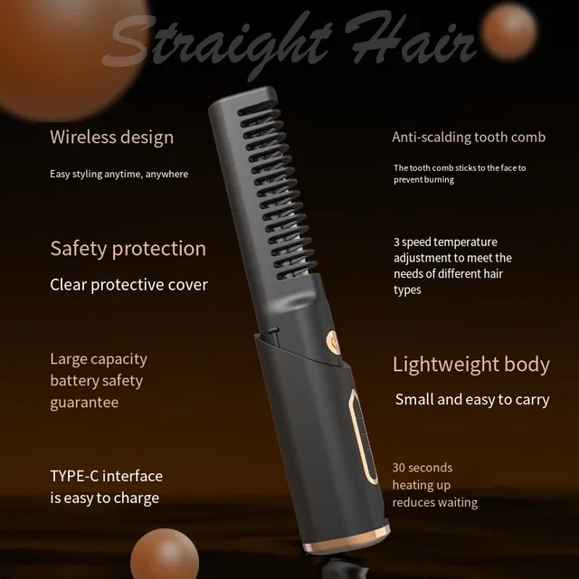 Portable Wireless Electric Hair Brush Heating Hair Straightener  2 IN 1 Home Travel Womem Anti-scalding Hair Straight Curly Comb - Image 5