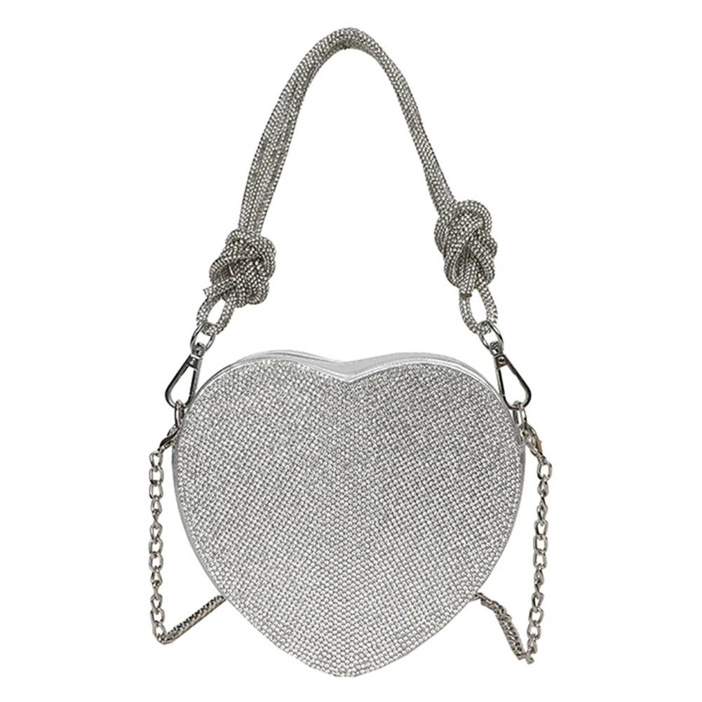

Women Diamonds Shoulder Bag with Knot Handle Rhinestones Luxury Heart Handbag PU Leather Zipper Closure Female Dating Bag