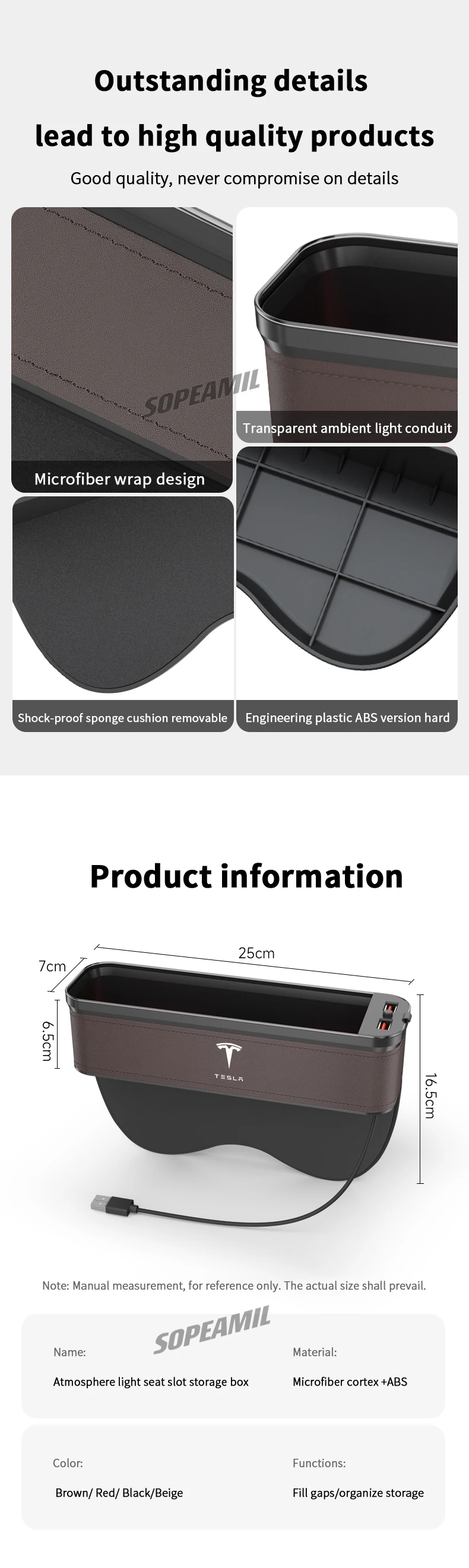 Car USB Charging Multifunction Crevice Storage Box Seat Gap Box For Tesla Cybertruck Roadster Model 3 Model Y Model S Model X