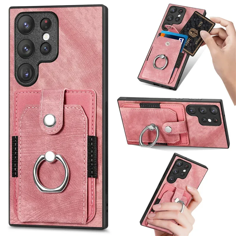 Leather Phone Case with Magnetic Car Holder and Wallet Card Back Cover