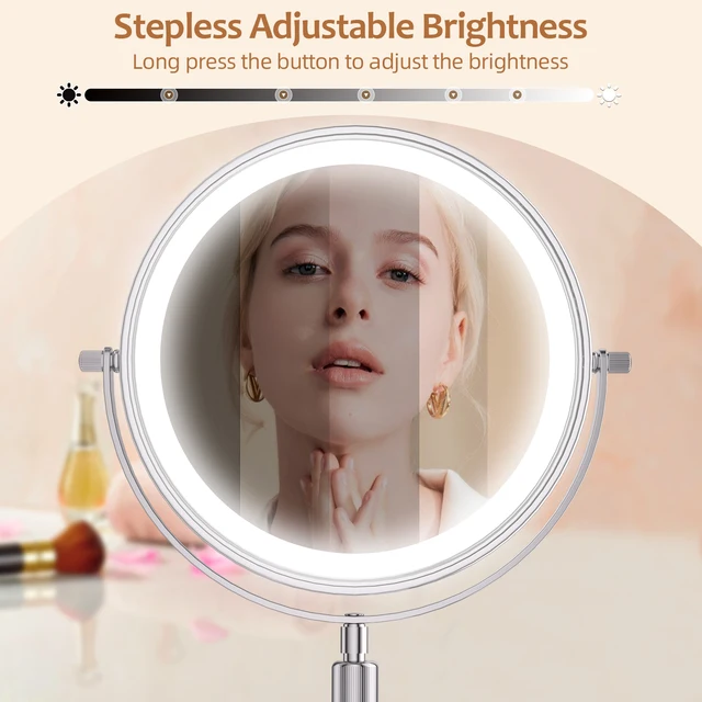 Miroir de maquillage debout avec lampe lumineuse, luminosité réglable, grossissement 10X, 3 lumières pour documents, recommandé, miroir cosmétique, 8 po 4