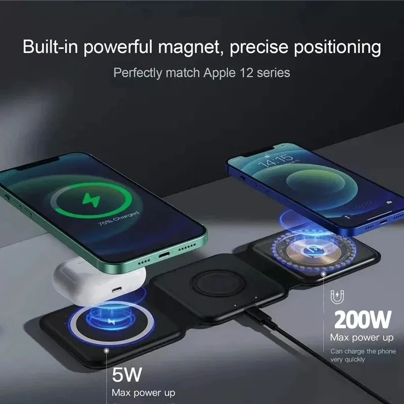 3 in 1 Magnetic Portable Wireless Charger Pad for iPhone 16 15 14 13 12 Pro Max Apple Watch AirPods Fast Charging Dock Station