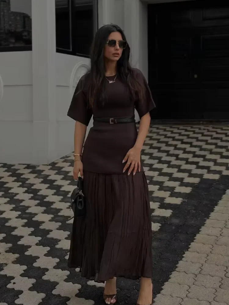 Elegant Solid Round Neck Fold Hem Women Long Dress Fashion Short Sleeve Slim Fit Maxi Dresses 2025 Lady Summer New Commute Robes 1