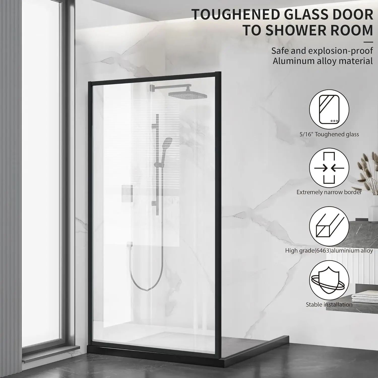 Shower Semi-Framed Glass Panel, 34"" W X 74"" H Shower Screen, 5/16"" (8Mm) Tempered Glass Shower Door, Fit For Walk-In 2