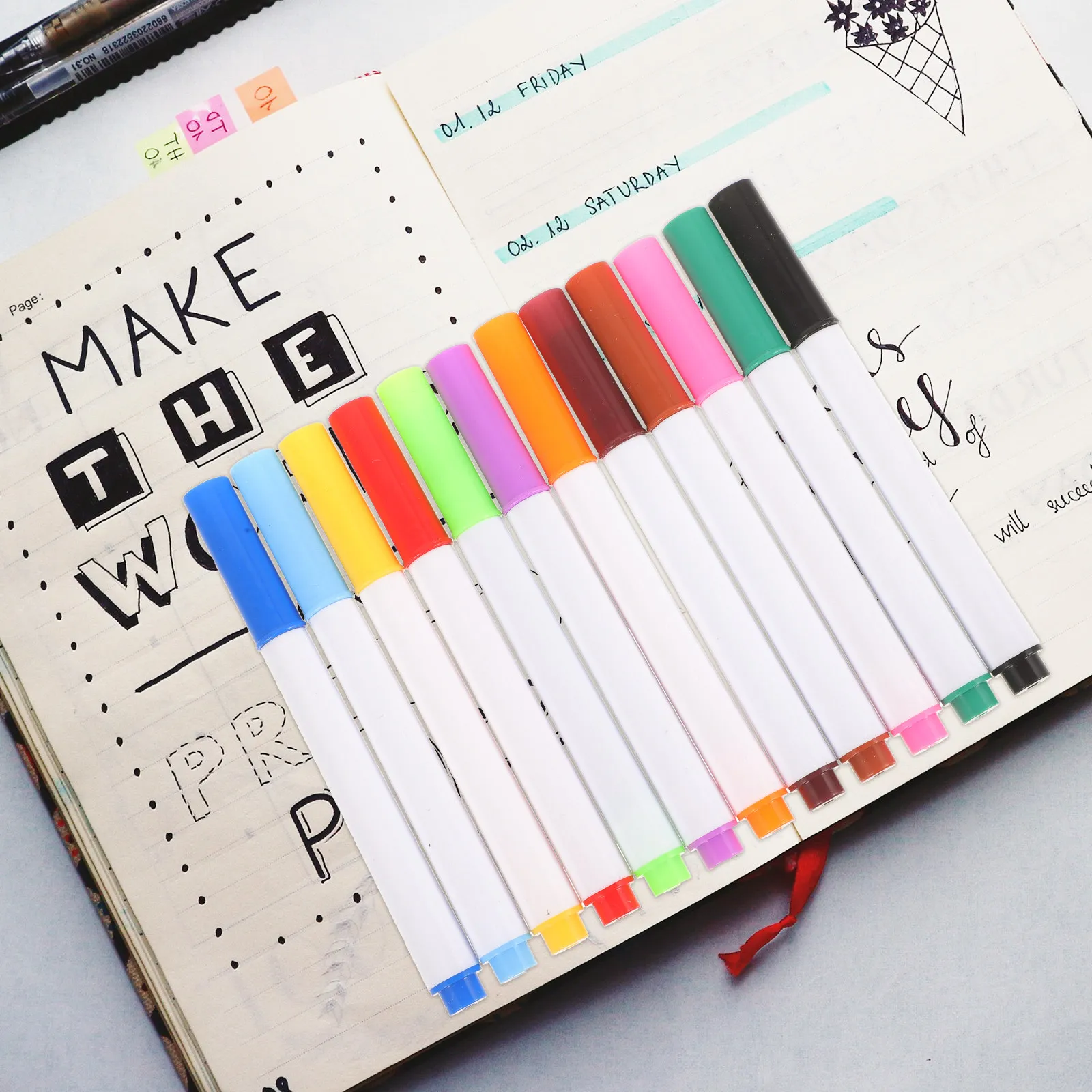 12Pcs 부드러운 필기감의 드라이 이레이즈 마커 화이트보드 마커 펜 손쉬운 지우기 손가락 닦아내기 유리 플라스틱 종이 보드와 호환 가능