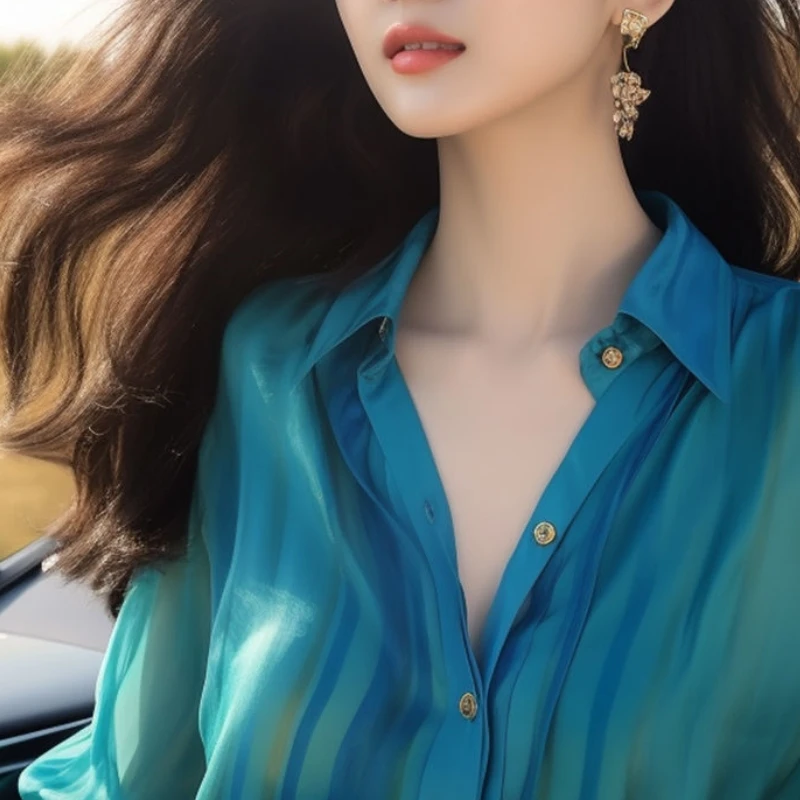 2024 New Spring and Autumn Fashion Chic Loose Long sleeved Chiffon Blouses Printed Button Standing Collar Women's Shirt Top
