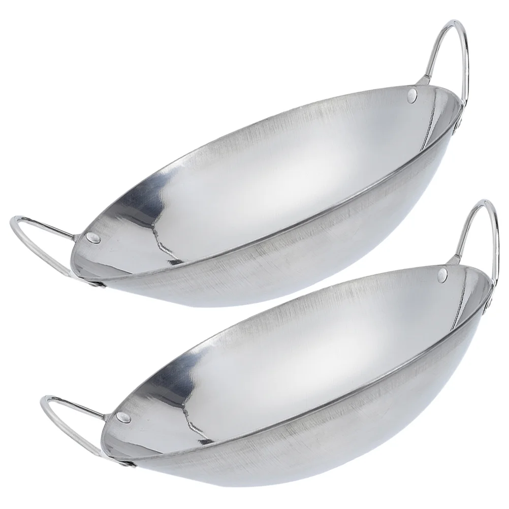 

2 Pcs Stainless Steel Griddle Kitchen Items Large Pot Cooking with Handle Cauldron Tool Wok Metal Pan
