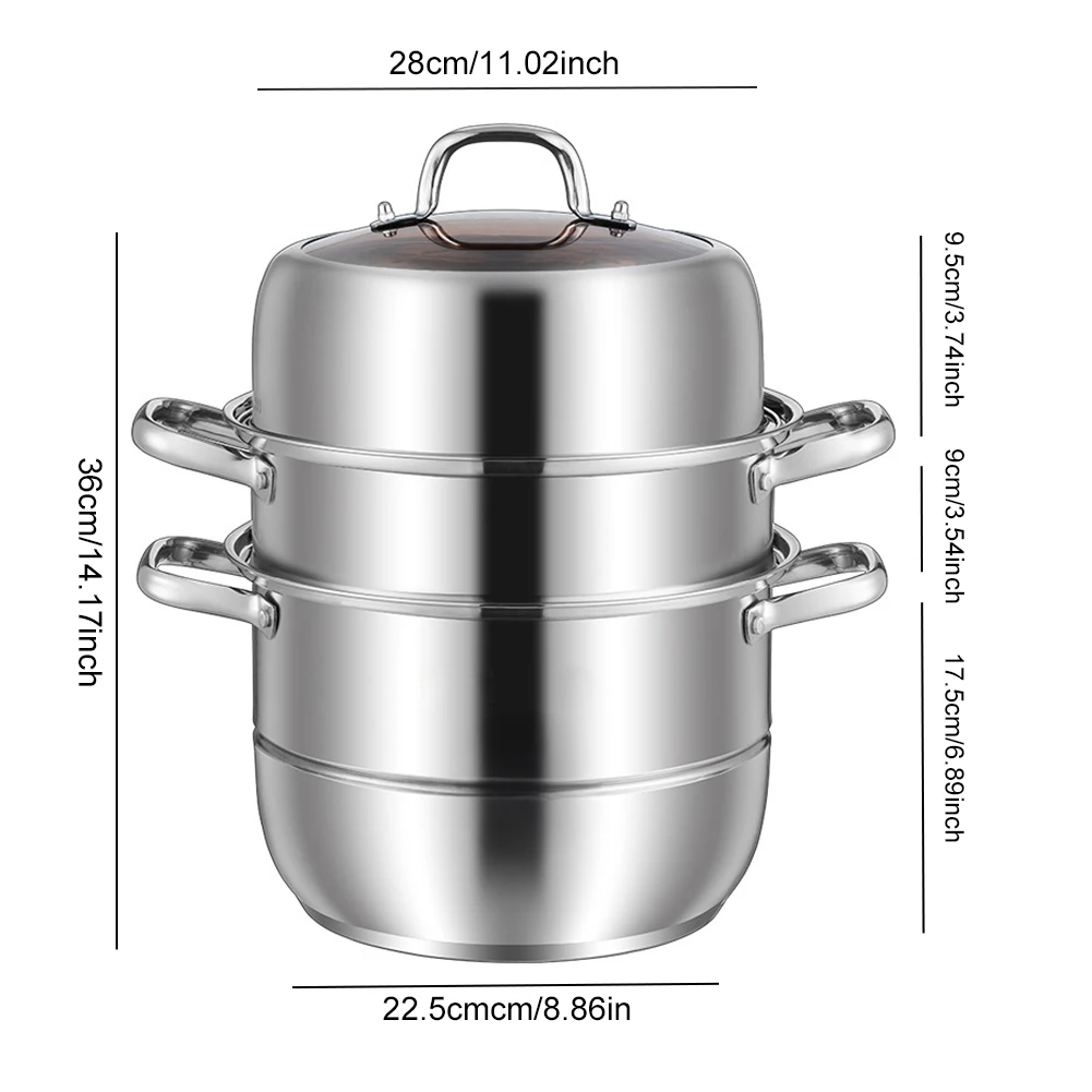 3 Tier Food Steamer Pot 11inch Stainless Steel Soup Steam Pot Universal Cooking Pots for Induction Cooker Gas Stove Steam