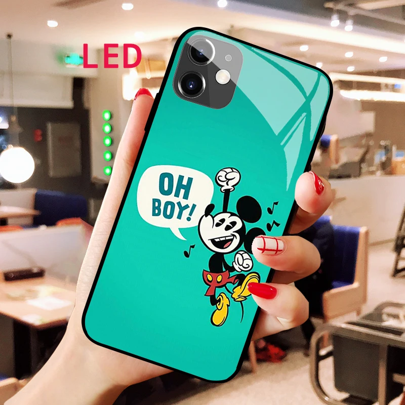 Mickey Luminous Tempered Glass phone case For Apple iphone 12 11 Pro Max XS Kawaii Acoustic Control Protect LED Backlight cover starry sky series soft tpu bumper frame shockproof tempered glass back cover for samsung galaxy m52 5g starry crescent moon