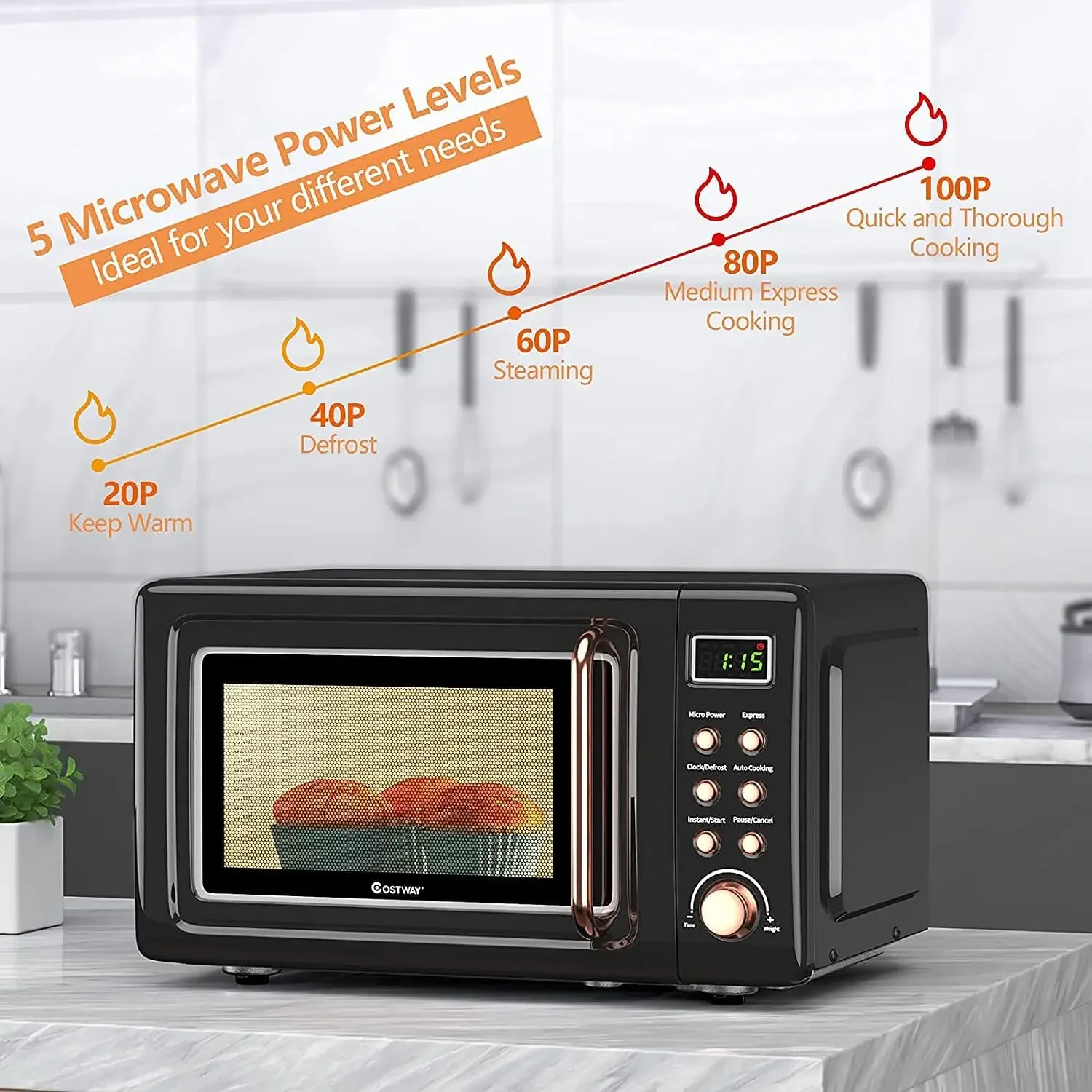 Retro Microwave Oven, 0.7Cu.ft, 700-Watt Countertop Microwave Ovens w/5 Micro Power, Delayed Start Function, LED Display, Child 5