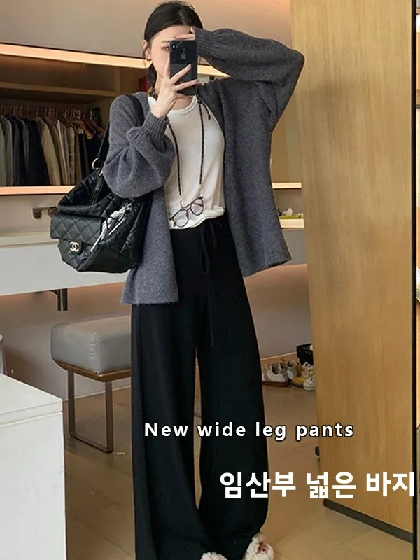 임산부 바지 얇은 아우터 배를 지지하지 않는 슬리밍 와이드 레그 팬츠 겨울 두꺼운 양털 봄 여름 얇은