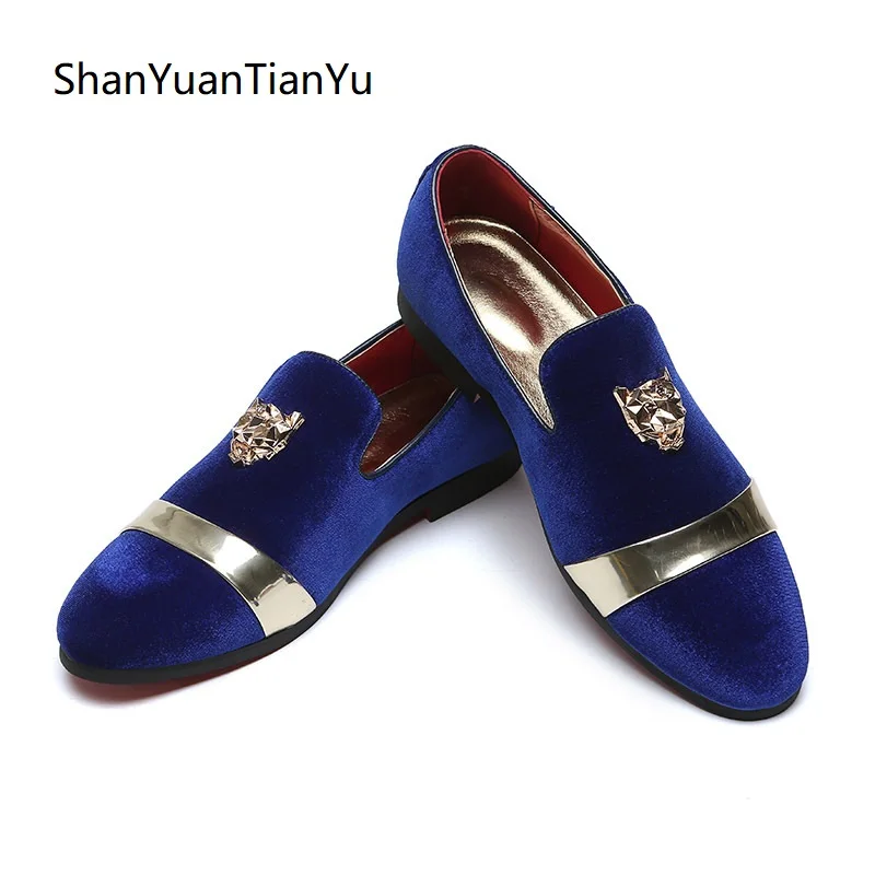 Luxury Velvet Men's Slip On Oxfords Party Loafers Tuxedo Shoes Gold Buckle  Blue