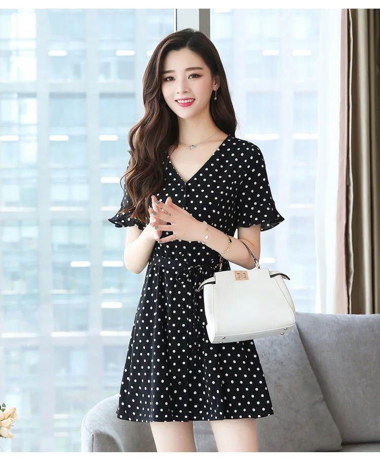 Short Dresses Women 2022 Summer Dresses Woman Casual Chiffon Bandage Sexy Black White Floral Mini Polka Dot Dress V-neck 8595# bodycon dress