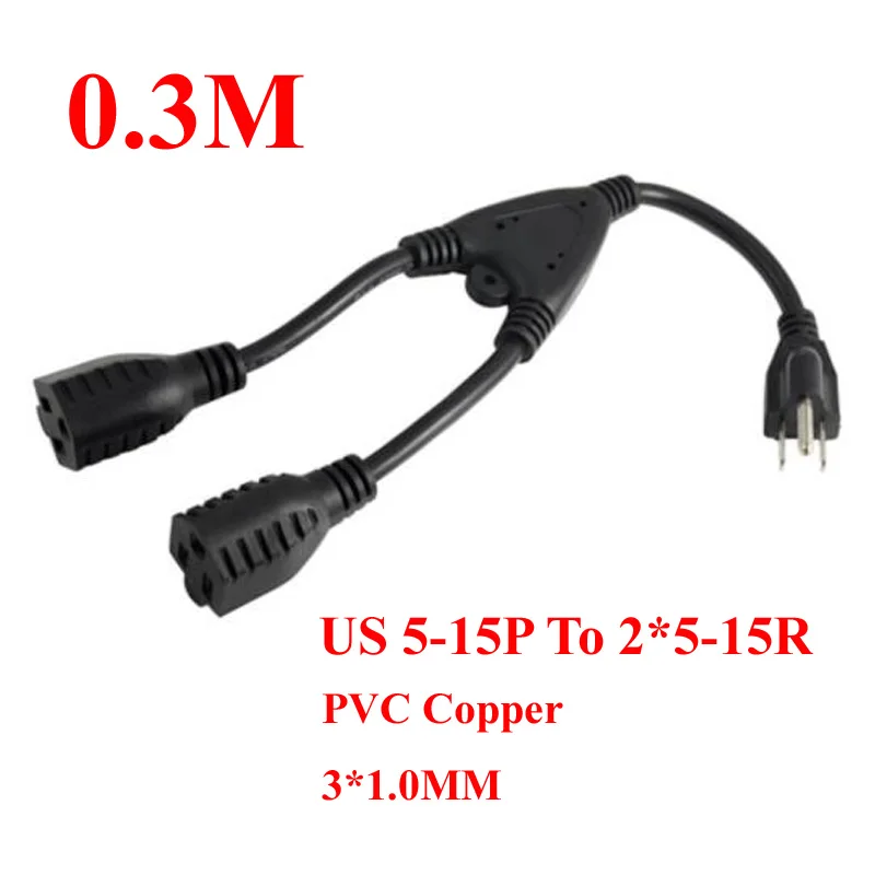 

Black 0.3M 15A 125V PVC Copper 2-into-1 USA Canada Japan 5-15P to 2*5-15R Male to Female extension power cable 3X1.0mm