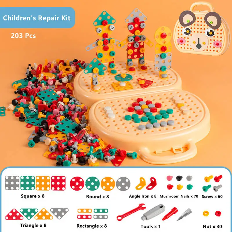 203 Pieces Children&rsquo;s Repair Toolbox Creative Mosaic Puzzle Toy With Electric Drill Screw Tool Set Kids DIY Learning Toys mosaic puzzle toys