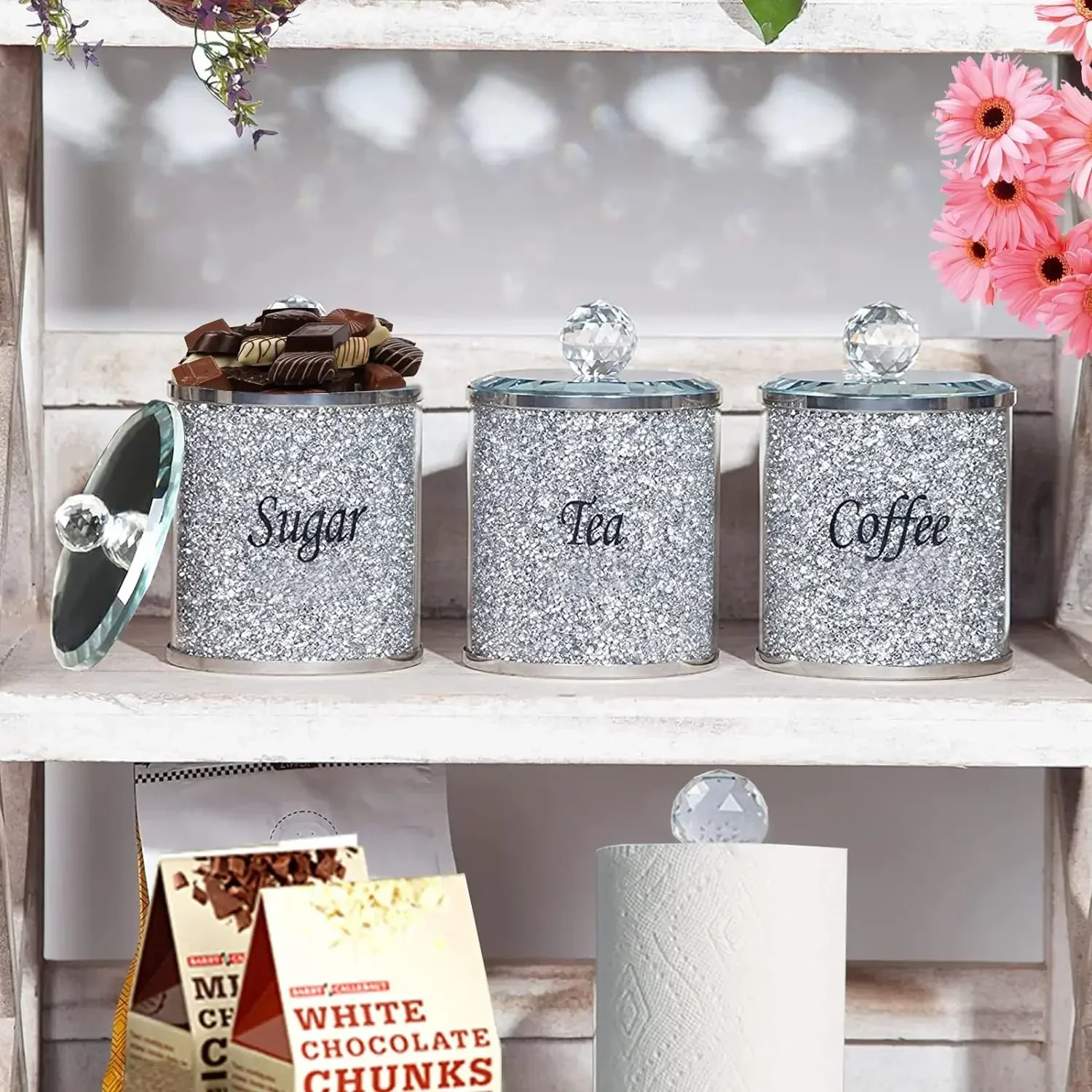 Crystal Coffee Sugar Tea Canister Set 3PCS Glass Crushed Diamonds Storage Container Set with Label & Lid Kitchen Decorative Jars 5
