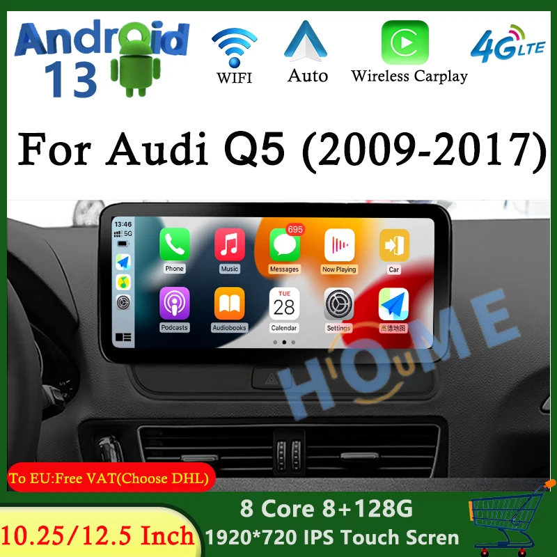 

10.25" For Audi Q5 2009-2017 Android 13 8+128G CarPlay Auto Radio Audio Stereo DSP 4G Wifi Car Multimedia Player GPS Navigation
