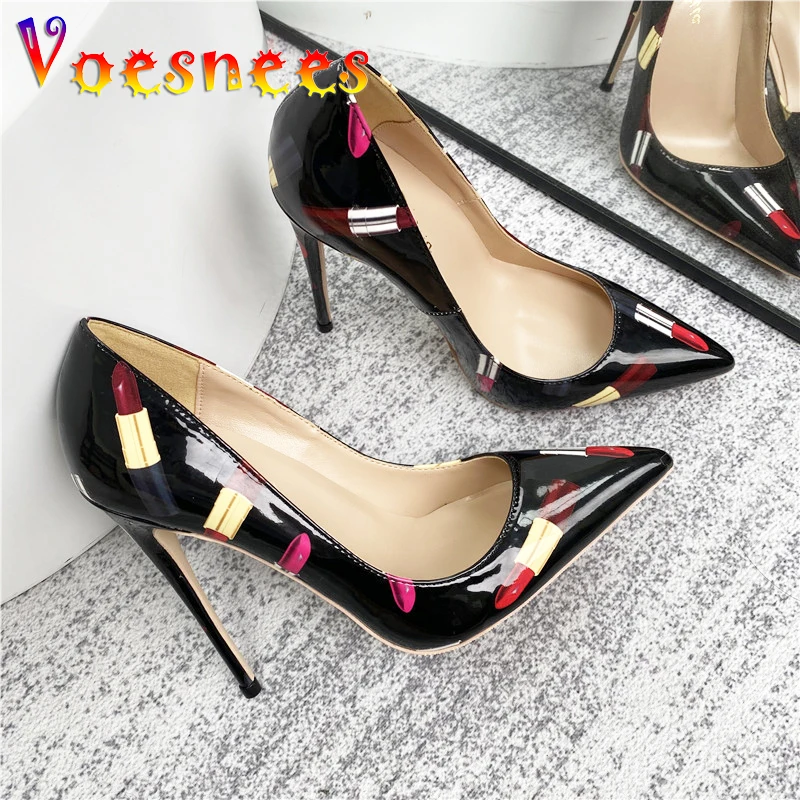 

Lipstick Print Elegant Prom Shoes Women Slip On 10CM Office Shallow Mouth Single Pumps Sexy Pointed Toe Wedding High Heels Black