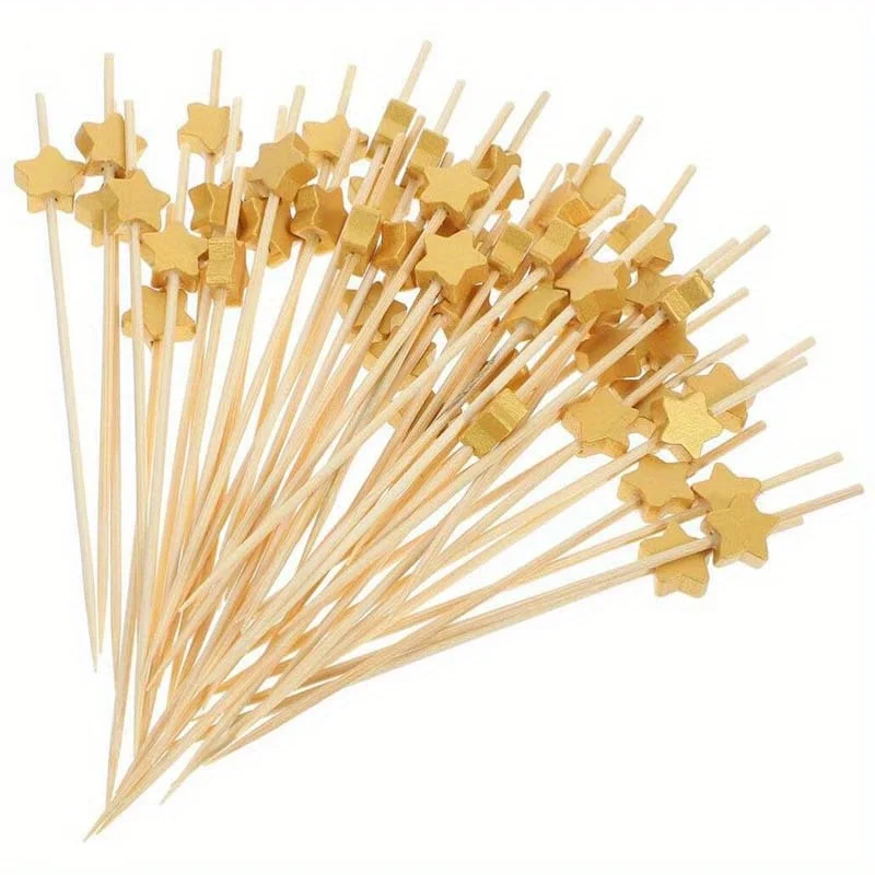 Food Picks Food Toothpicks Bamboo Sticks 100Pcs Gold Stars Disposable Cocktail Picks Handmade Bamboo Skewers Sticks for Drinks Fruit Charcuterie Barbecue Party Favor