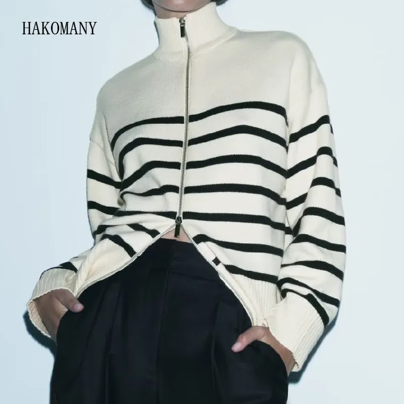 

2023 Women Full Sleeve Loose Knitwear Casual Jumper CHIC Beige Black Striped Knitted Open 2 Zipper Head Turtleneck Cardigan