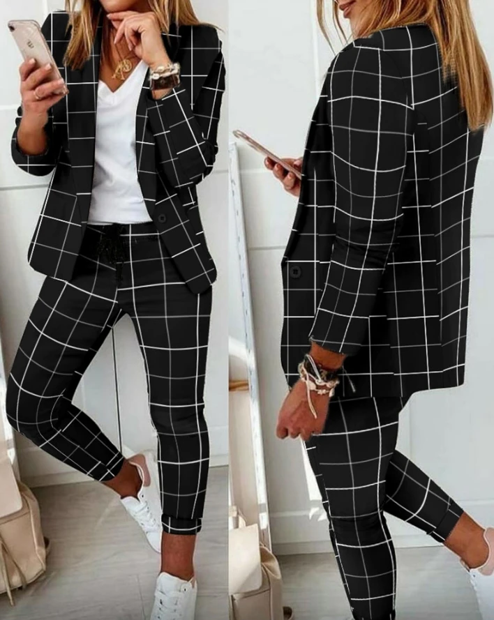 Two Piece Set Women Outfit 2024 Spring Fashion Plaid Print Shawl Collar Long Sleeve Blazer & Elegant Drawstring Work Pants Set