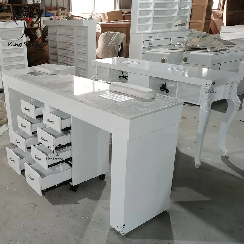 Nail salon furniture double manicure table white marble nail table with drawers