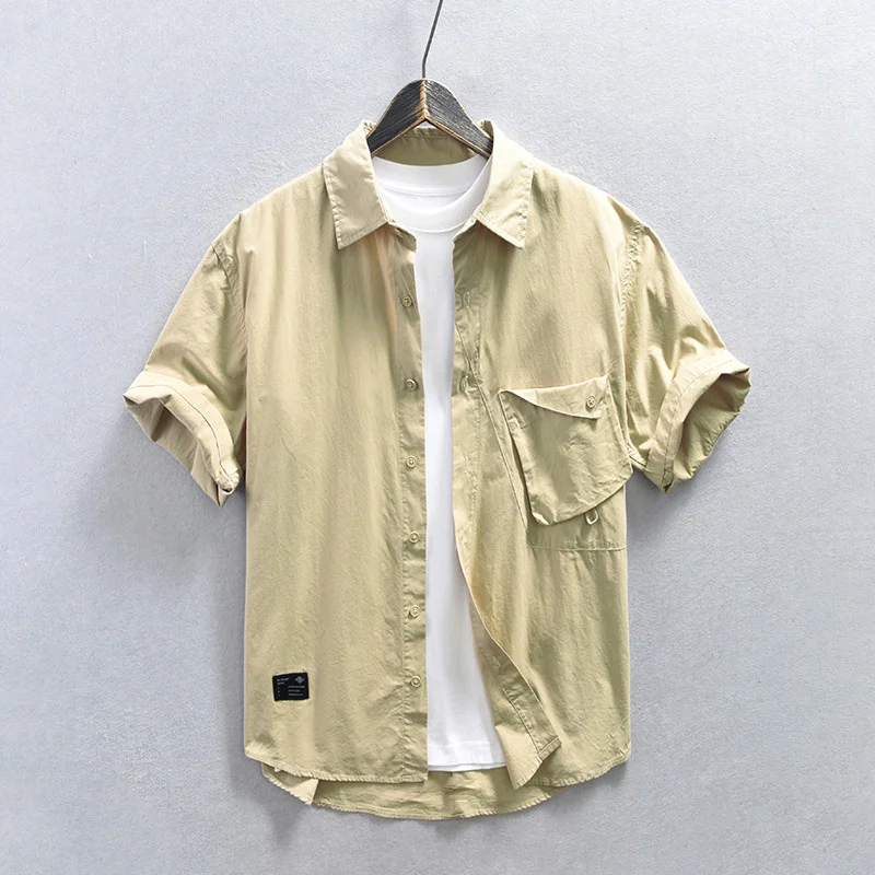 

Summer Men's Workwear Casual Short Sleeve Shirt Streetwear Loose Casual Lapel Design Sense Pocket Shirt for Man