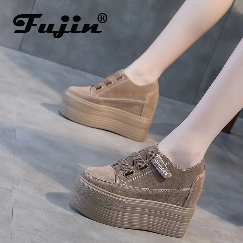 Fujin 12cm scarpe da donna in vera pelle scamosciata con zeppa