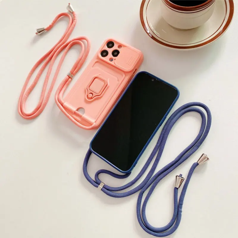 Crossbody Lanyard Strap Slide Lens Card Slot Silicone Case