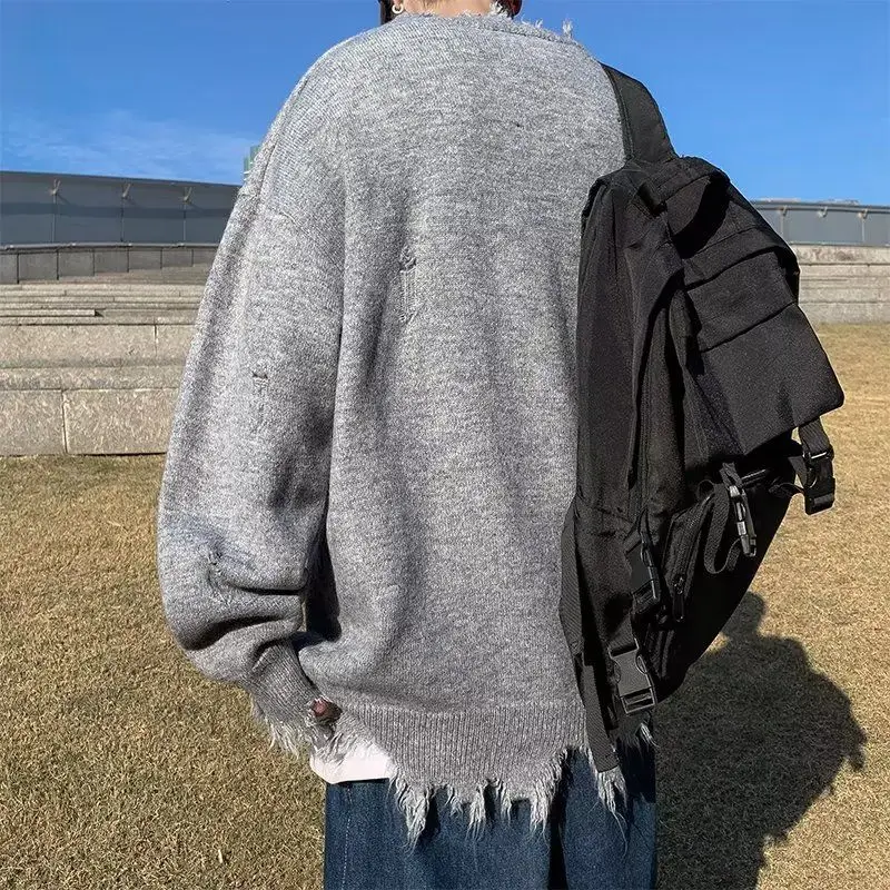 Fashion Knitted Hole Letter Tassel Irregular Sweaters Men's Clothing 2023 Autumn Winter Loose Casual Pullovers Asymmetrical Tops