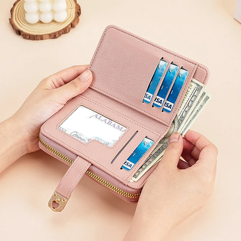Portafoglio da donna con tasca portamonete con cerniera Portamonete in pelle PU per donna Portafogli e borsette modello litchi Borse per soldi Simole Billfold - immagine 4