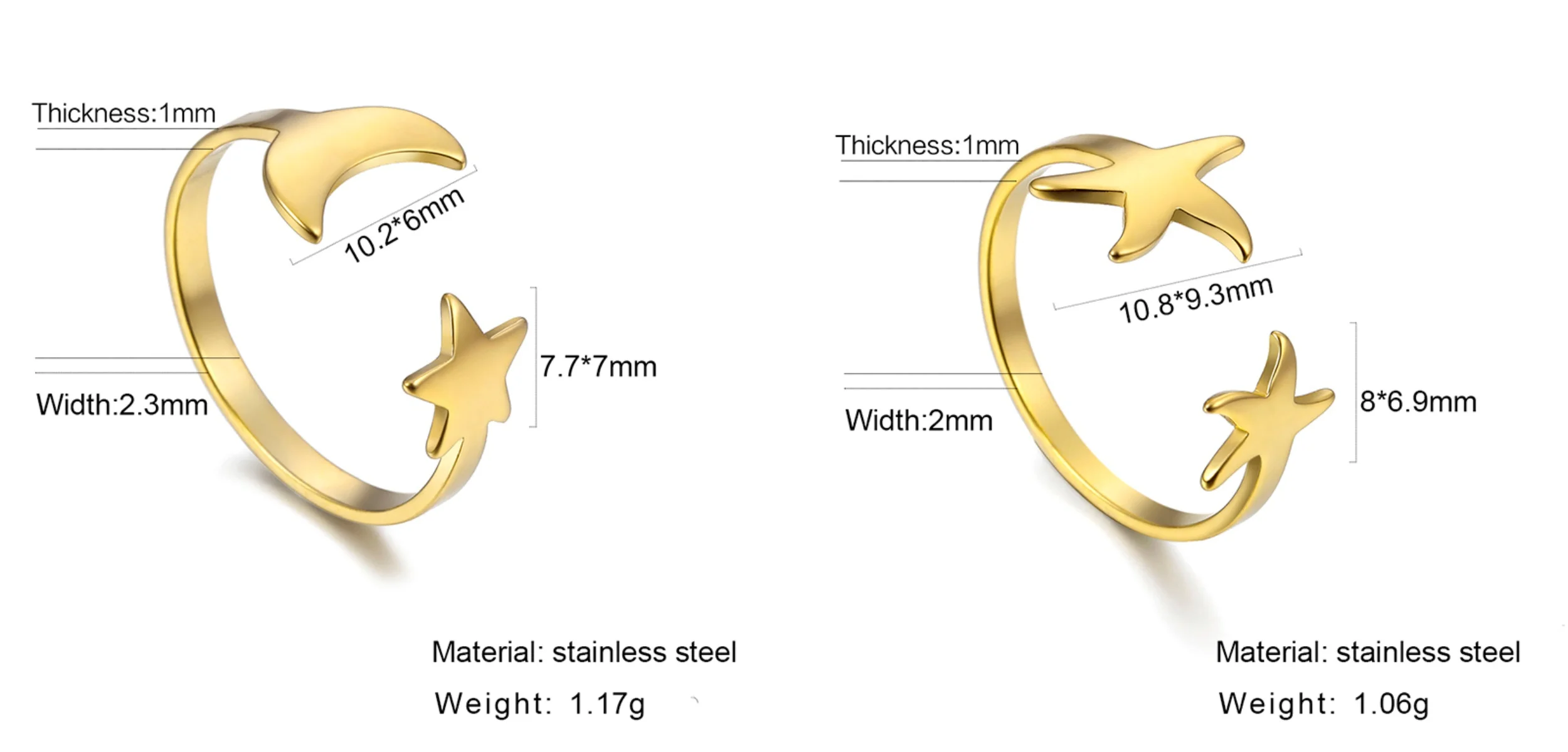 Kkjoy Minimalistischen Edelstahl Mond Stern Einstellbare Offenen Ring Für Frauen Gold Farbe Hochzeit Geburtstag Geschenke Schmuck Großhandel – Detail 11