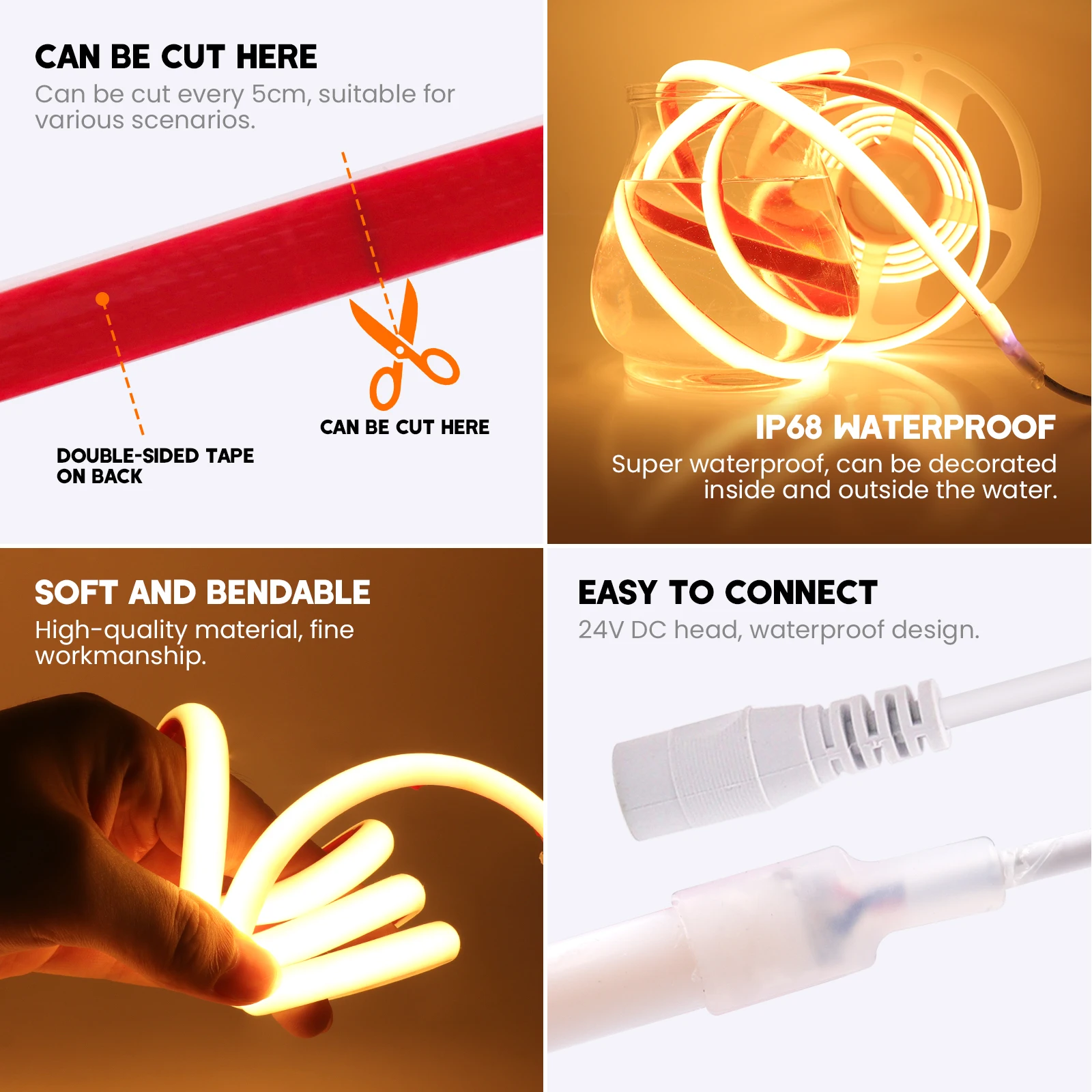 Description Picture 6 of itemIP68 COB LED Strip 12V 24V 320LEDs/m High Density Silicone Tube Neon Light Strip Flexible Ribbon Adhesive Tape Outdoor Lights